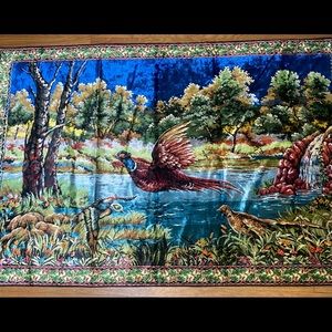 Vintage Made in Italy Velvet Large Wall Tapestry with Birds - Beautiful Colors